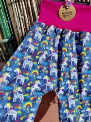 Pantalón evolutivo bebé - punto camiseta - estilo harem -  Unicornios y Arco Iris denim