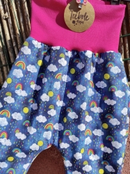 Pantalón evolutivo bebé - punto camiseta - estilo harem - Nubes y Arco Iris denim